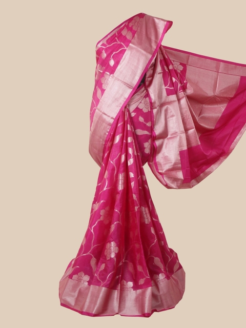 

Pothys Pink & Silver-Toned Floral Zari Silk Blend Saree