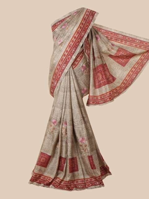 

Pothys Tan & Red Floral Printed Jute Silk Saree