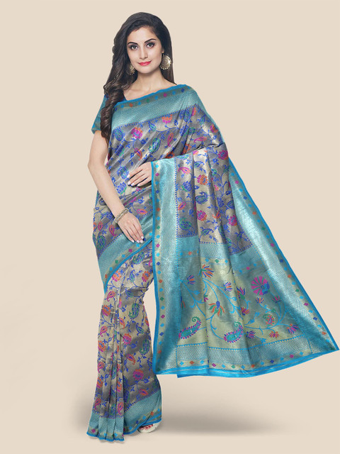 

KLM Fashion Mall Blue & Pink Floral Zari Silk Blend Banarasi Saree