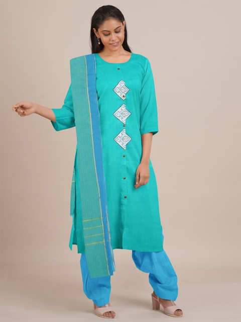 

Pothys Turquoise Blue & White Unstitched Dress Material