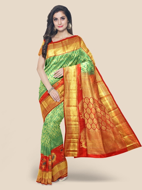 

KLM Fashion Mall Green & Red Woven Design Zari Silk Blend Kanjeevaram Saree