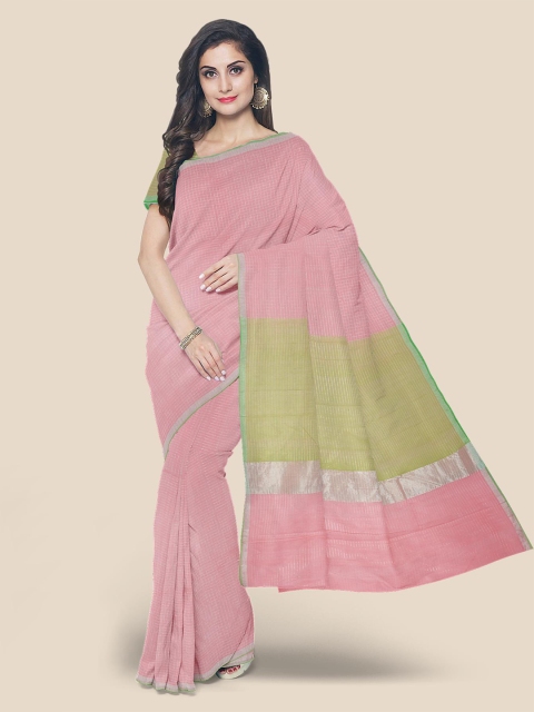 

KLM Fashion Mall Pink & Green Checked Zari Pure Cotton Mangalagiri Saree
