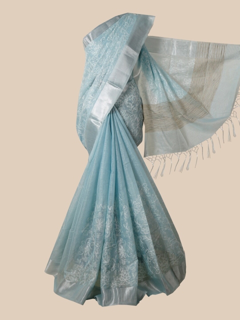 

Pothys Blue & White Ethnic Motifs Embroidered Tissue Saree