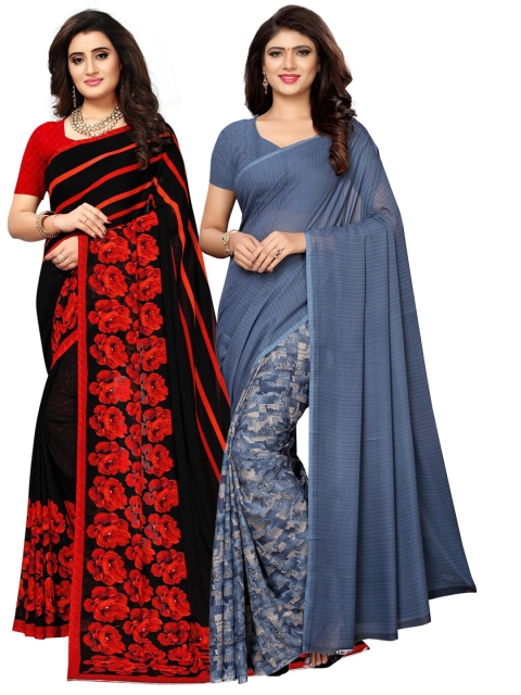 

KALINI Pack of 2 Black & Grey Striped Pure Georgette Saree