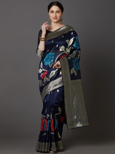 

Mitera Navy Blue Floral Silk Blend Banarasi Saree