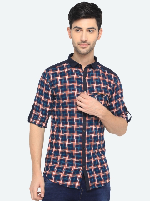 

WITH Men Navy Blue Slim Fit Checked Casual Shirt