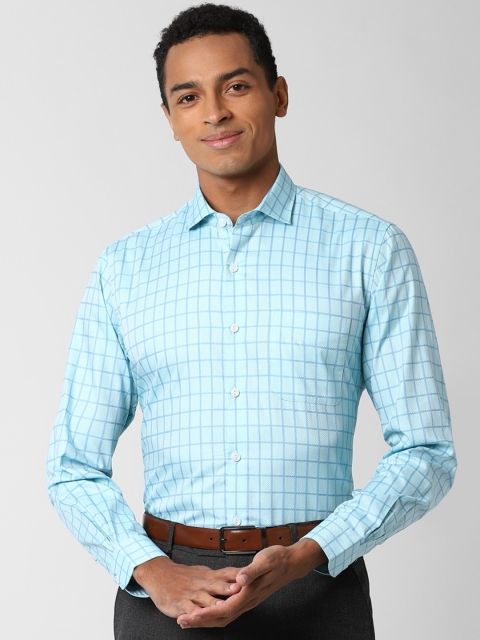 

Peter England Elite Men Turquoise Blue Windowpane Checks Casual Shirt
