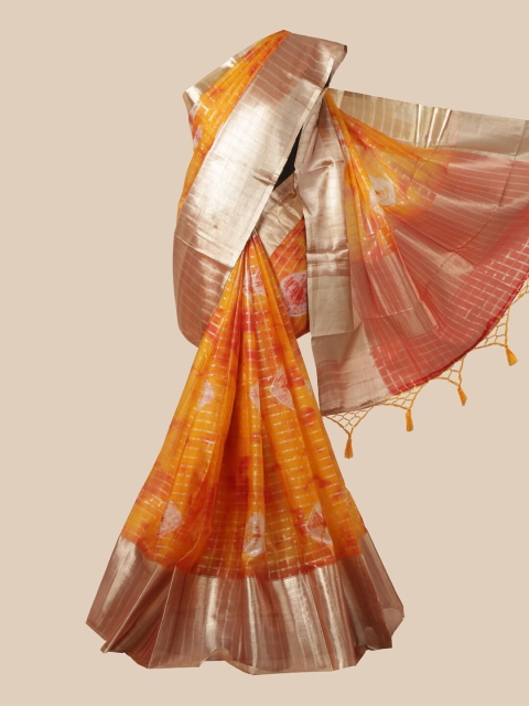 

Pothys Orange & Red Checked Zari Tissue Saree