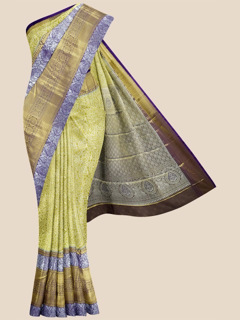 

KLM Fashion Mall Green & Blue Floral Zari Silk Blend Kanjeevaram Saree