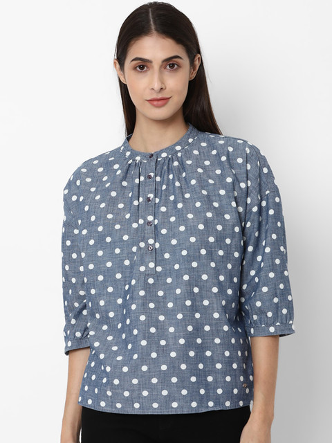 

Allen Solly Woman Blue & White Cotton Mandarin Collar Polka Dot Print Shirt Style Top