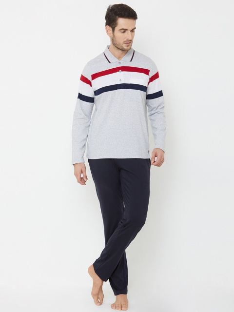 

Sweet Dreams Men Grey Melange & Navy Blue Striped Night suit