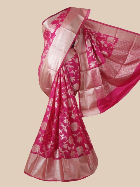 

Pothys Pink & Silver-Toned Floral Silk Blend Saree