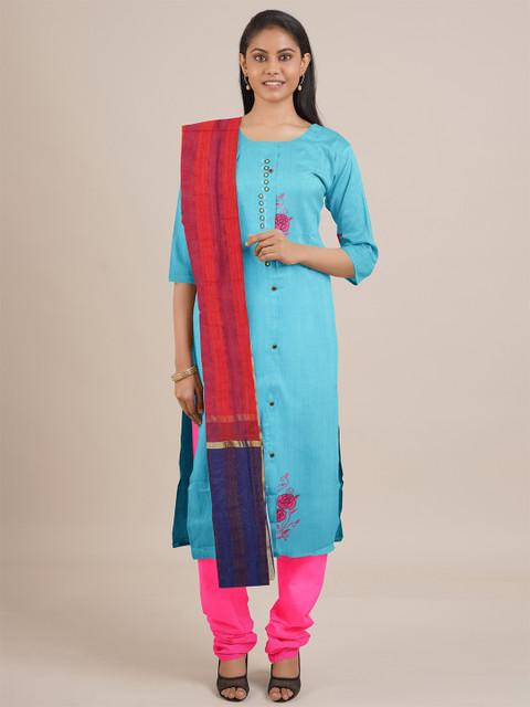 

Pothys Turquoise Blue & Pink Printed Unstitched Dress Material
