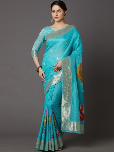 

Mitera Blue & Silver-Toned Floral Zari Silk Blend Banarasi Saree
