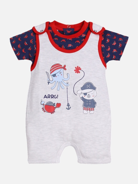 BABY GO Infant Boys Navy Blue & Grey Printed Pure Cotton Dungaree With T-Shirt