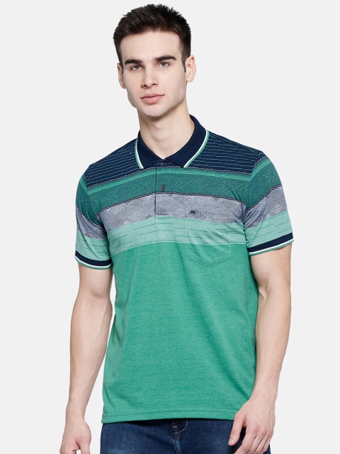 

Monte Carlo Men Cotton Navy Blue Striped Polo Collar T shirt