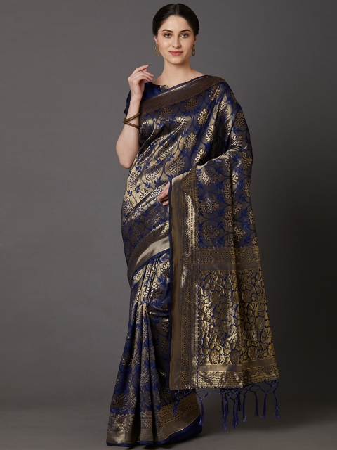

Mitera Navy Blue & Gold-Toned Floral Silk Blend Banarasi Saree