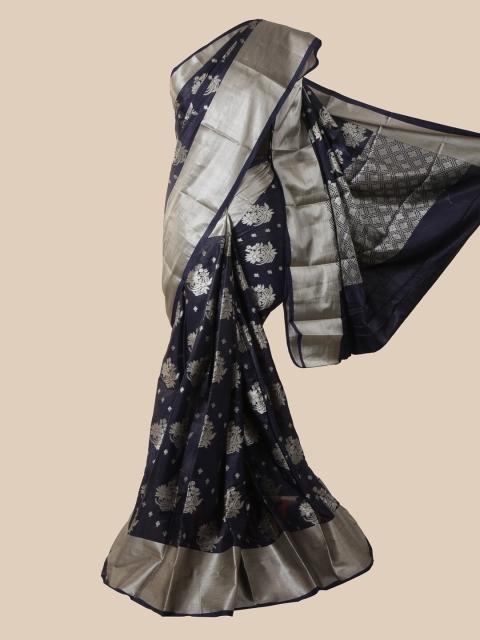 

Pothys Navy Blue & Silver-Toned Ethnic Motifs Zari Silk Blend Saree