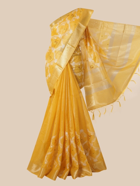 

Pothys Yellow & White Floral Zari Tissue Saree