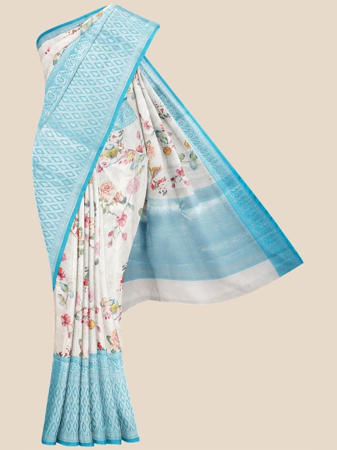 

KLM Fashion Mall White & Blue Floral Zari Silk Blend Banarasi Saree