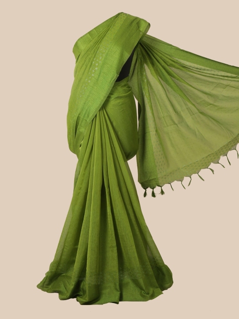 

Pothys Green & Silver-Toned Embellished Beads and Stones Jute Silk Saree