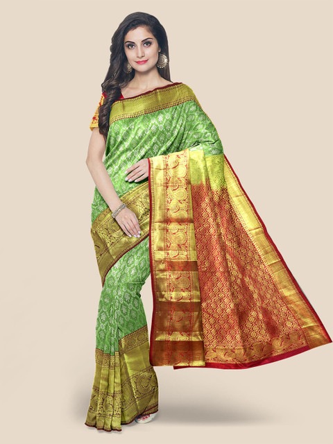 

KLM Fashion Mall Green & Red Ethnic Motifs Zari Silk Blend Kanjeevaram Saree