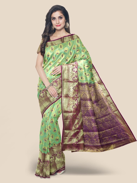 

KLM Fashion Mall Sea Green & Purple Ethnic Motifs Zari Silk Blend Kanjeevaram Saree