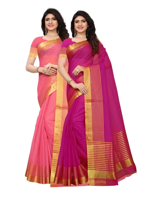

KALINI Peach & Pink Pack of 2 Striped Zari Silk Blend Saree