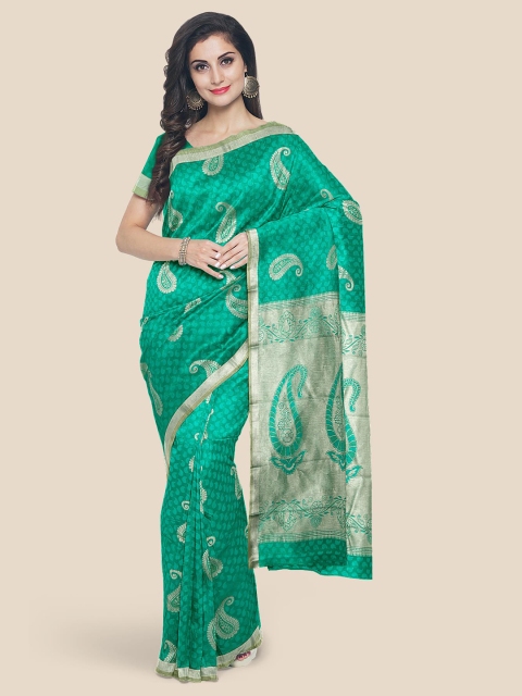 

KLM Fashion Mall Sea Green & Silver-Toned Paisley Zari Silk Blend Kanjeevaram Saree