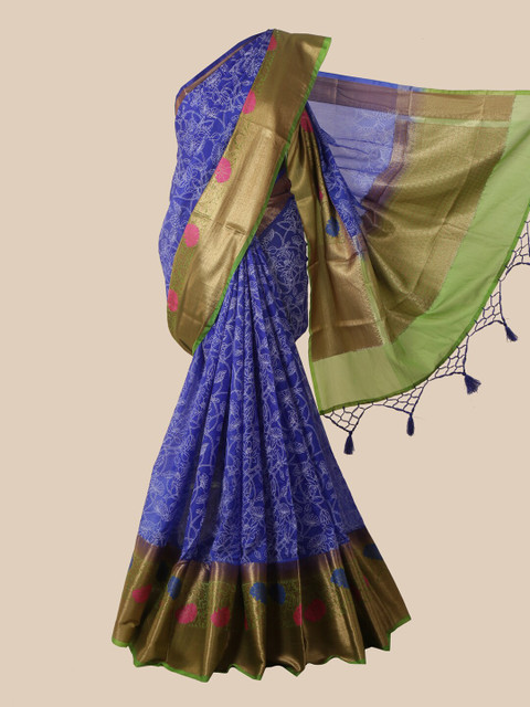 

Pothys Blue Floral Silk Blend Tussar Saree
