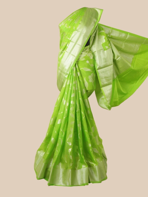 

Pothys Green & Silver-Toned Floral Zari Silk Blend Saree
