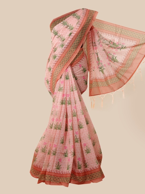 

Pothys Peach & Green Floral Jute Cotton Saree