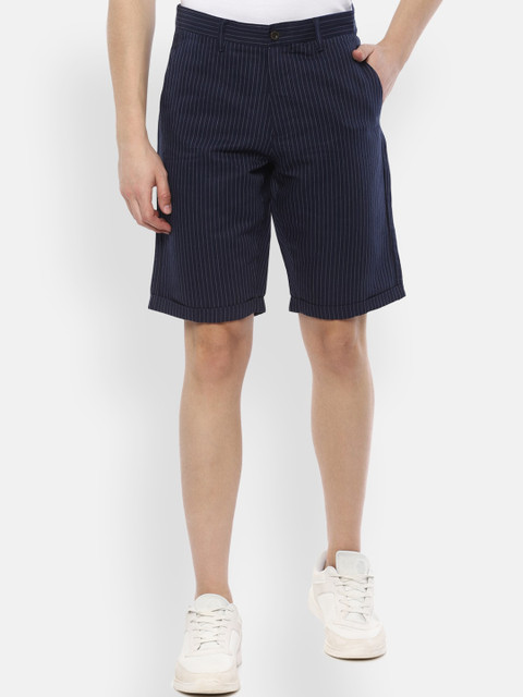 

Louis Philippe Men Navy Blue Striped Slim Fit Mid-Rise Shorts