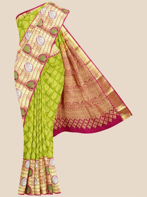 

KLM Fashion Mall Green & Gold-Toned Woven Design Zari Silk Blend Kanjeevaram Saree