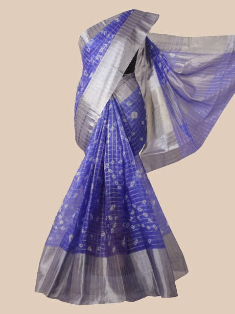 

Pothys Blue & Silver-Toned Bandhani Zari Tissue Saree