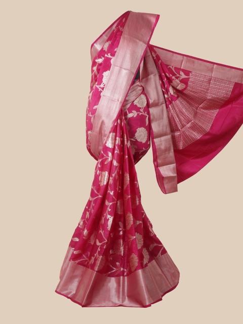 

Pothys Pink & Silver-Toned Floral Zari Silk Blend Tussar Saree