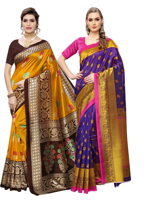 

KALINI Pack of 2 Mustard & Purple Ethnic Motifs Poly Silk Saree
