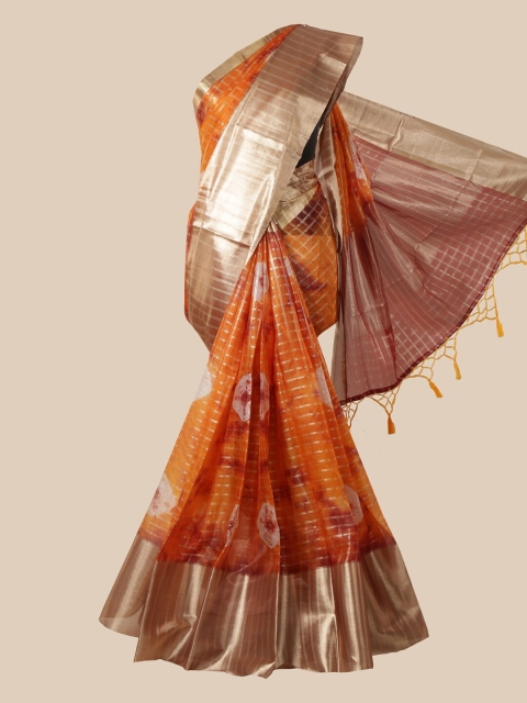 

Pothys Orange & Brown Checked Tissue Saree
