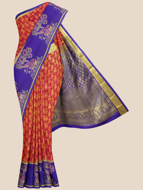 

KLM Fashion Mall Orange & Blue Ethnic Motifs Zari Silk Blend Kanjeevaram Saree