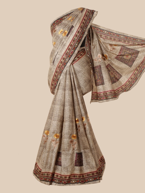 

Pothys Tan & Gold-Toned Floral Jute Silk Saree