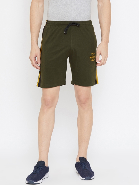 

Duke Men Olive Green Solid Cotton High-Rise Shorts with Printed & Side Striped Detail