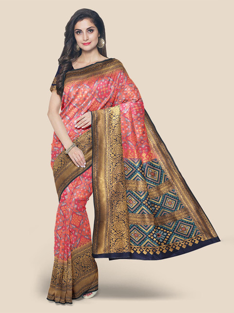 

KLM Fashion Mall Pink & Navy Blue Woven Design Silk Blend Banarasi Saree