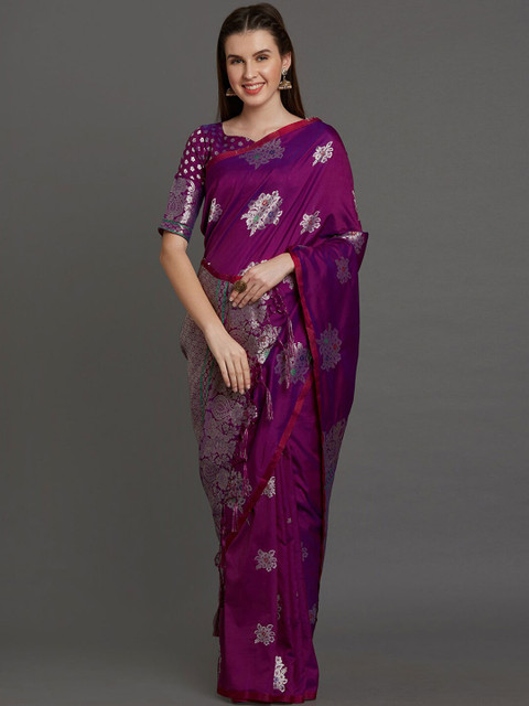 

Mitera Magenta & Silver-Toned Woven Design Zari Silk Blend Saree