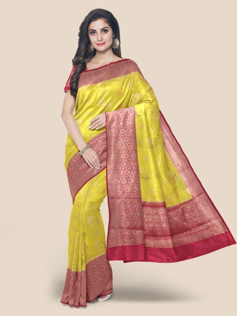 

KLM Fashion Mall Yellow & Pink Floral Silk Blend Banarasi Saree