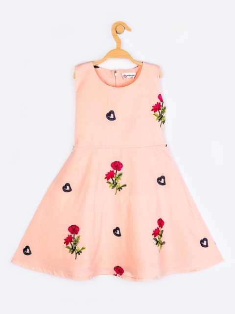 

Peppermint Girls Peach-Coloured & Red Floral Pure Cotton Embroidered Dress