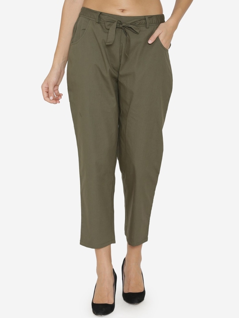 

Yaadleen Women Olive Green Cotton Cropped Regular Trousers