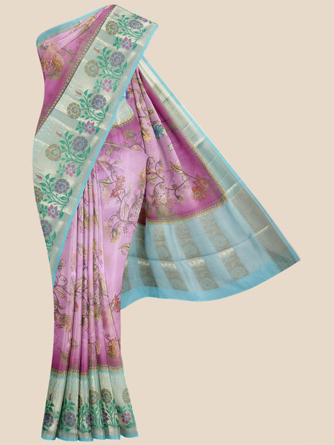 

KLM Fashion Mall Pink & Turquoise Blue Floral Silk Blend Banarasi Saree