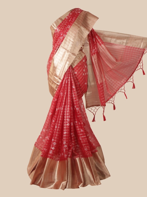 

Pothys Red & Gold-Toned Checked Zari Tissue Saree