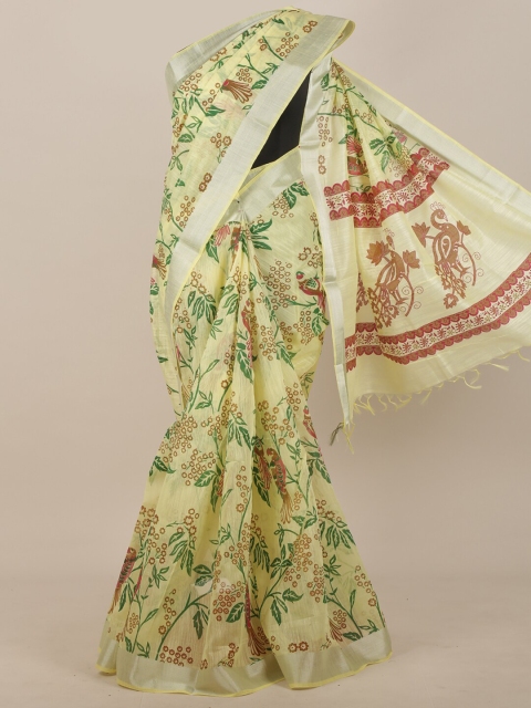 Pothys Yellow & Silver-Toned Floral Saree