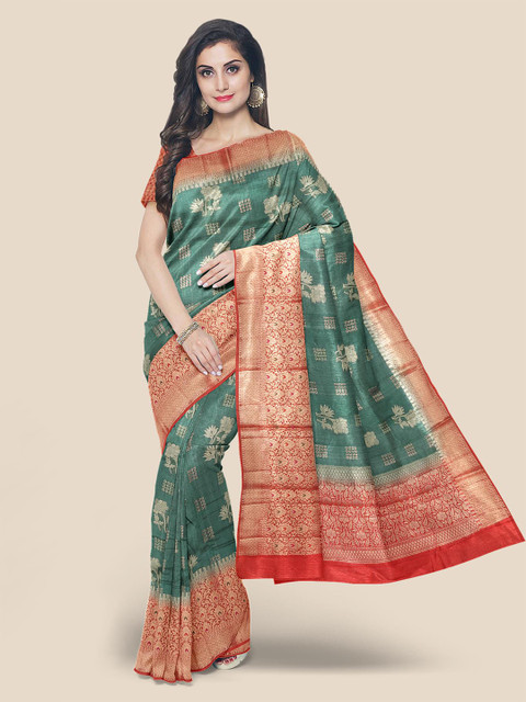 

KLM Fashion Mall Green & Red Woven Design Silk Blend Banarasi Saree
